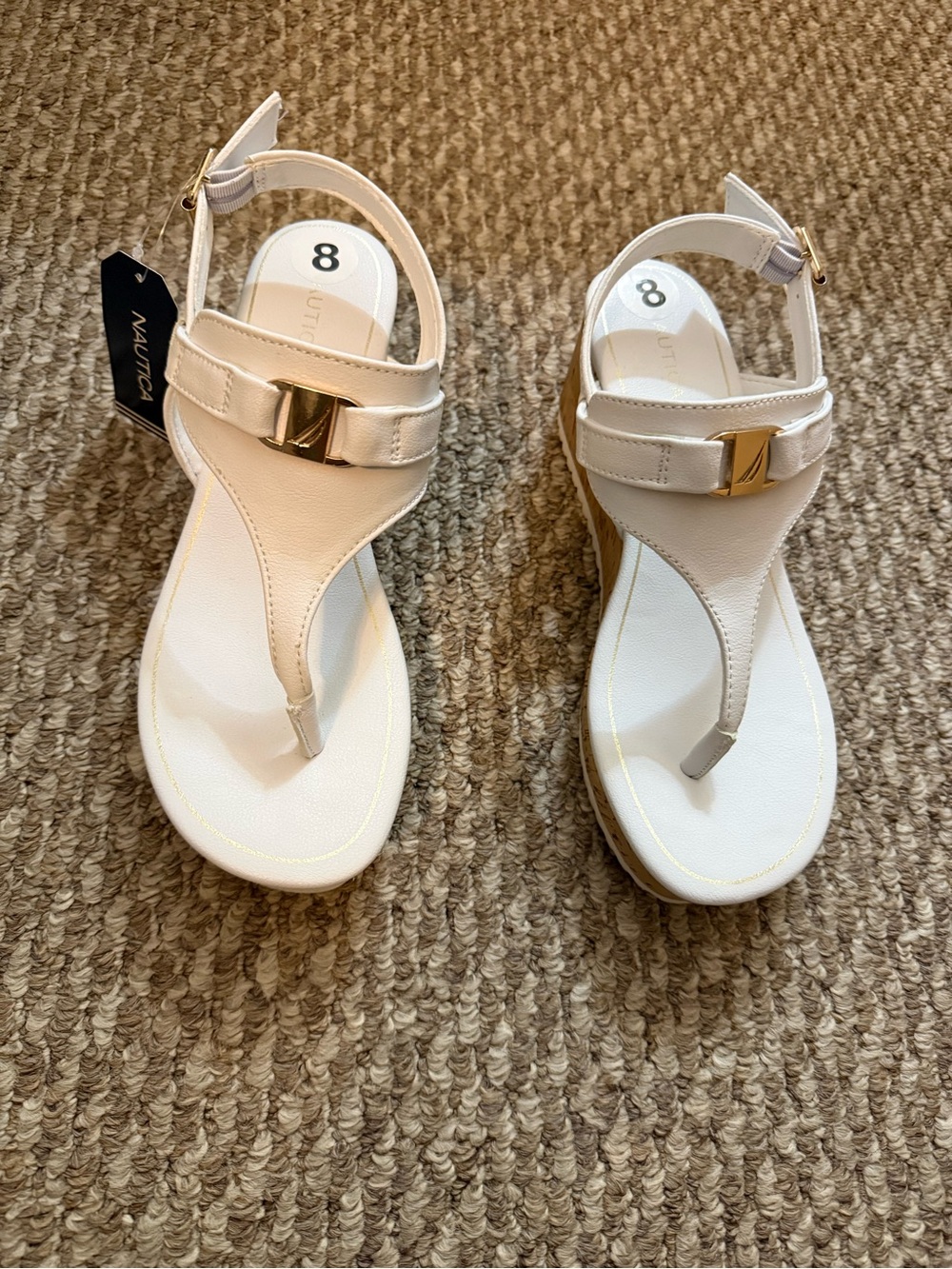 Nautica White T-Strap Wedge Sandals with Gold Accent
